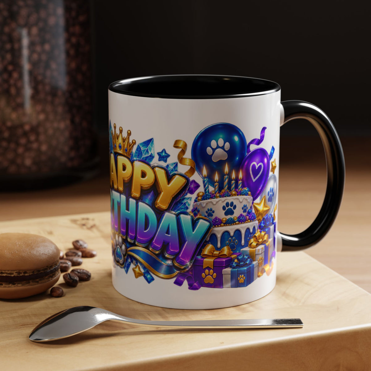 White Wolf Happy Birthday Mug – Blue Purple & Gold Birthday Gift – FestoraShop White Coffee Mug