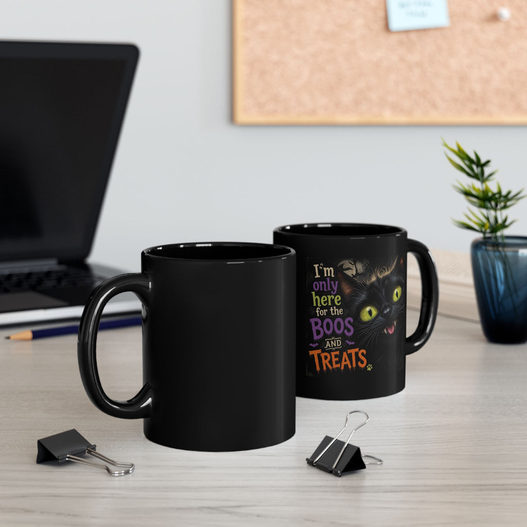 Halloween Cat Mug — "I'm Only Here for the Boos and Treats" Black Coffee Cup