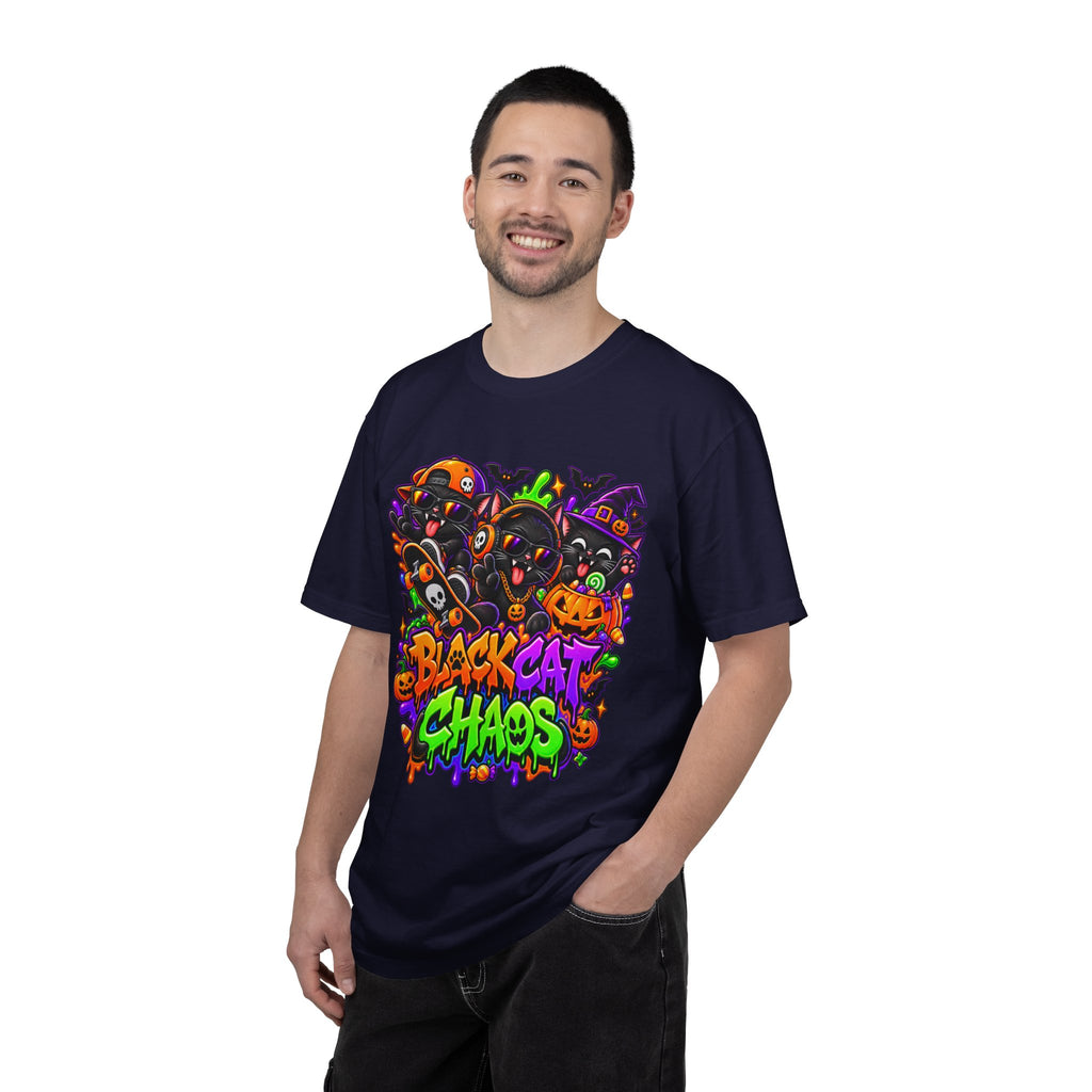 Neon Black Cat Halloween Chaos T-Shirt | Cute Spooky Cat Graphic Tee