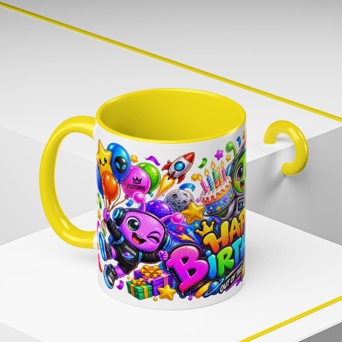 Happy Birthday Out of This World Accent Mug — Cute Alien Space Birthday Coffee Cup (11oz)