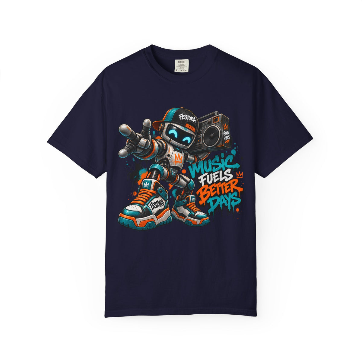 Music Fuels Better Days T-Shirt — Retro Robot Boombox Streetwear