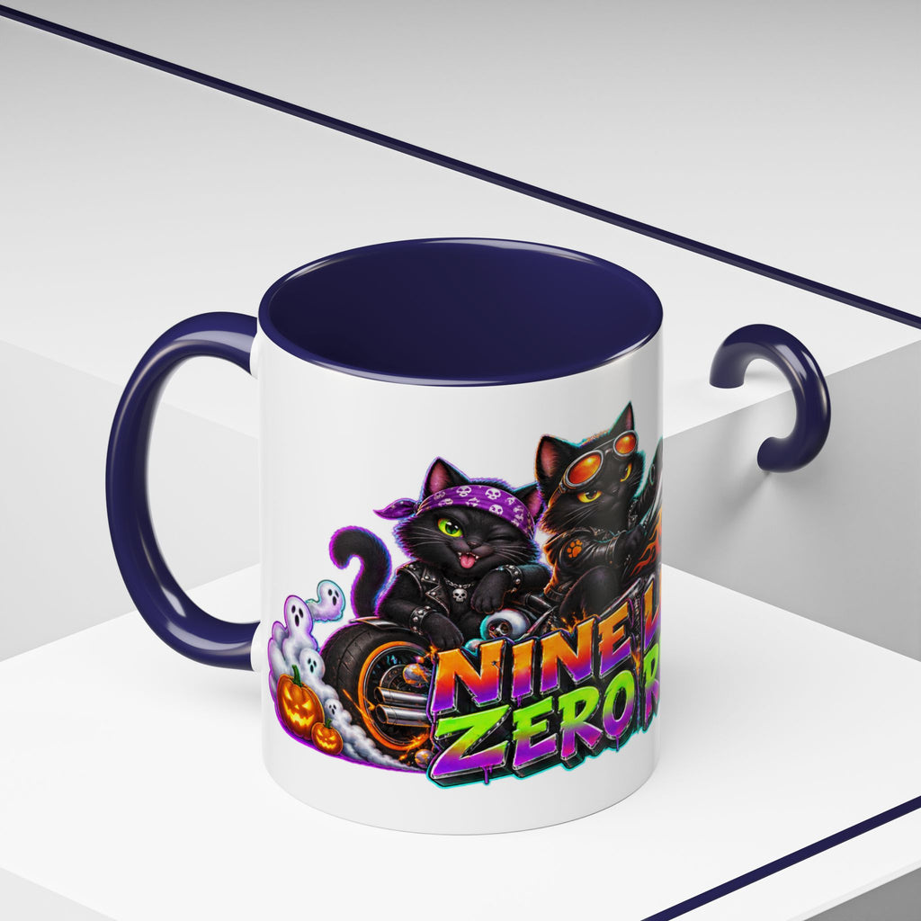 Nine Lives Zero Rules Biker Cats Halloween White Mug