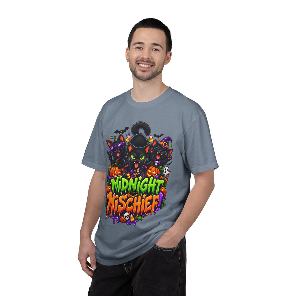 Midnight Mischief Halloween T-Shirt – Funny Black Cat Graphic Tee