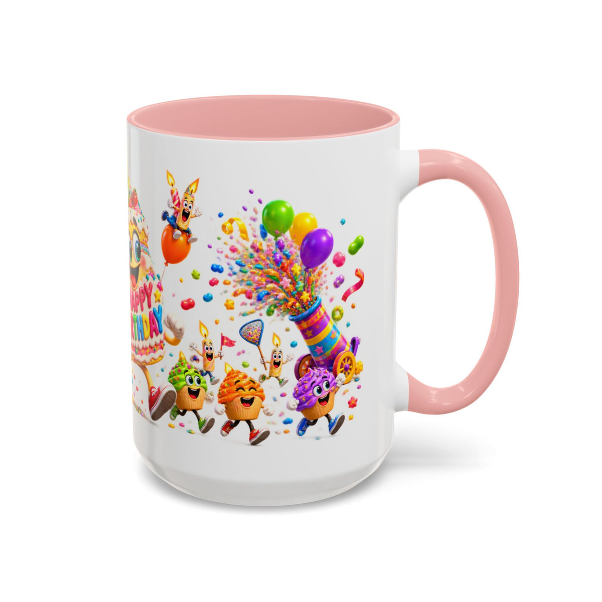 Birthday Party Coffee Mug – Colorful Happy Birthday Cake & Balloon Design (11/15oz Accent Mug)