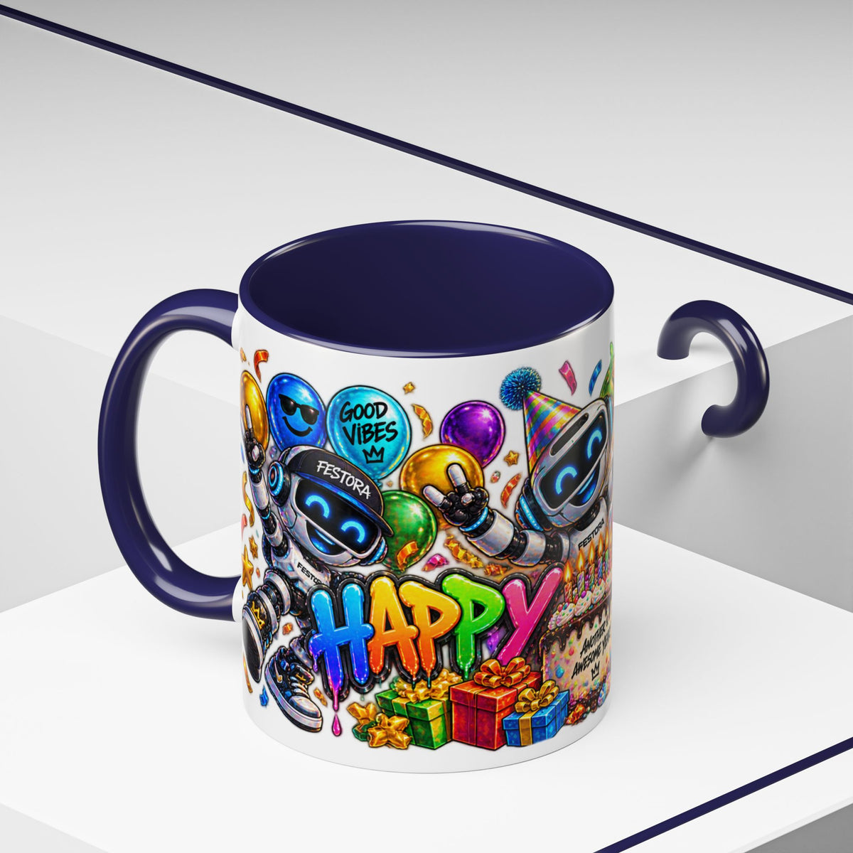 Birthday Robot Coffee Mug — Colorful Happy Birthday Accent Mug (11oz)