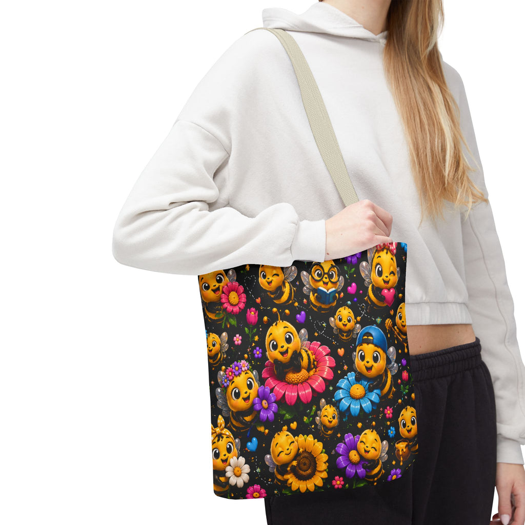 Cute Bee Pattern Tote Bag — Colorful Floral Cartoon Bees All-Over Print