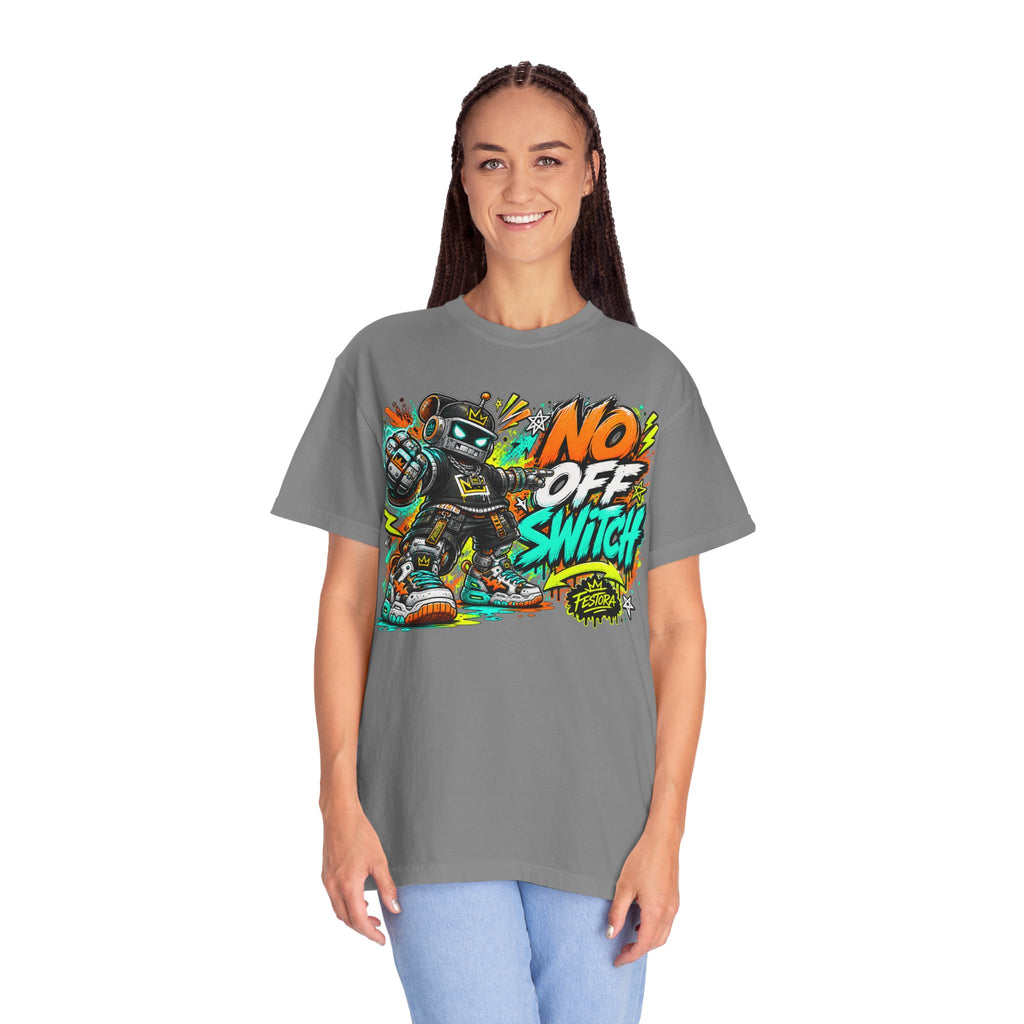 No Off Switch Robot Graphic T-Shirt — Bold Retro Streetwear Design