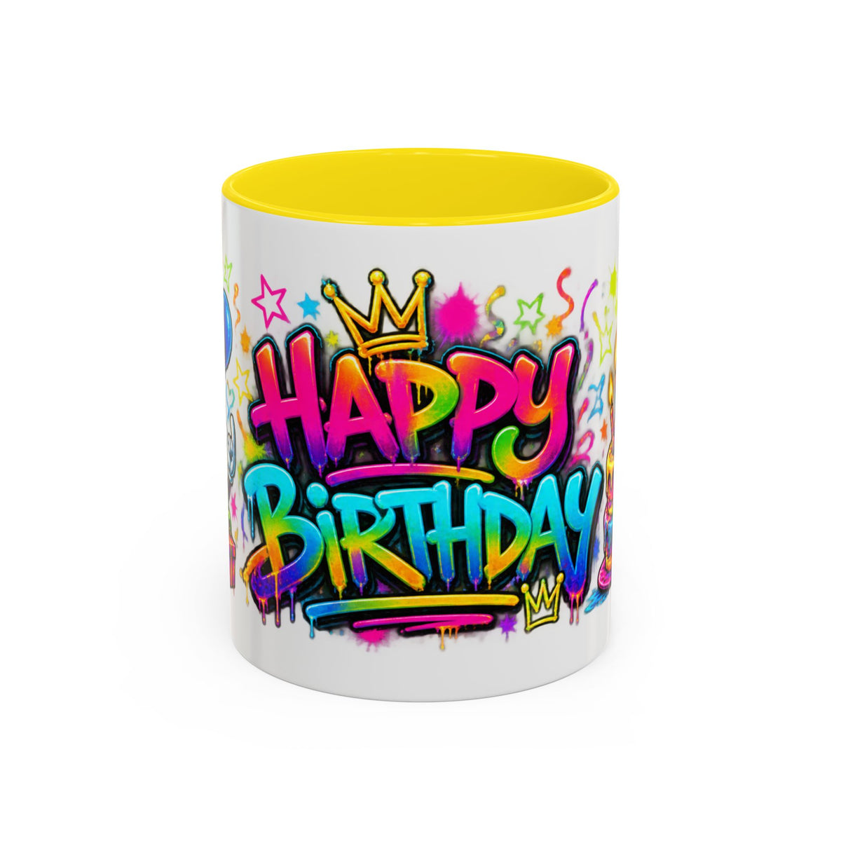 Happy Birthday Accent Coffee Mug – Colorful Graffiti Cake & Balloons (11/15oz)