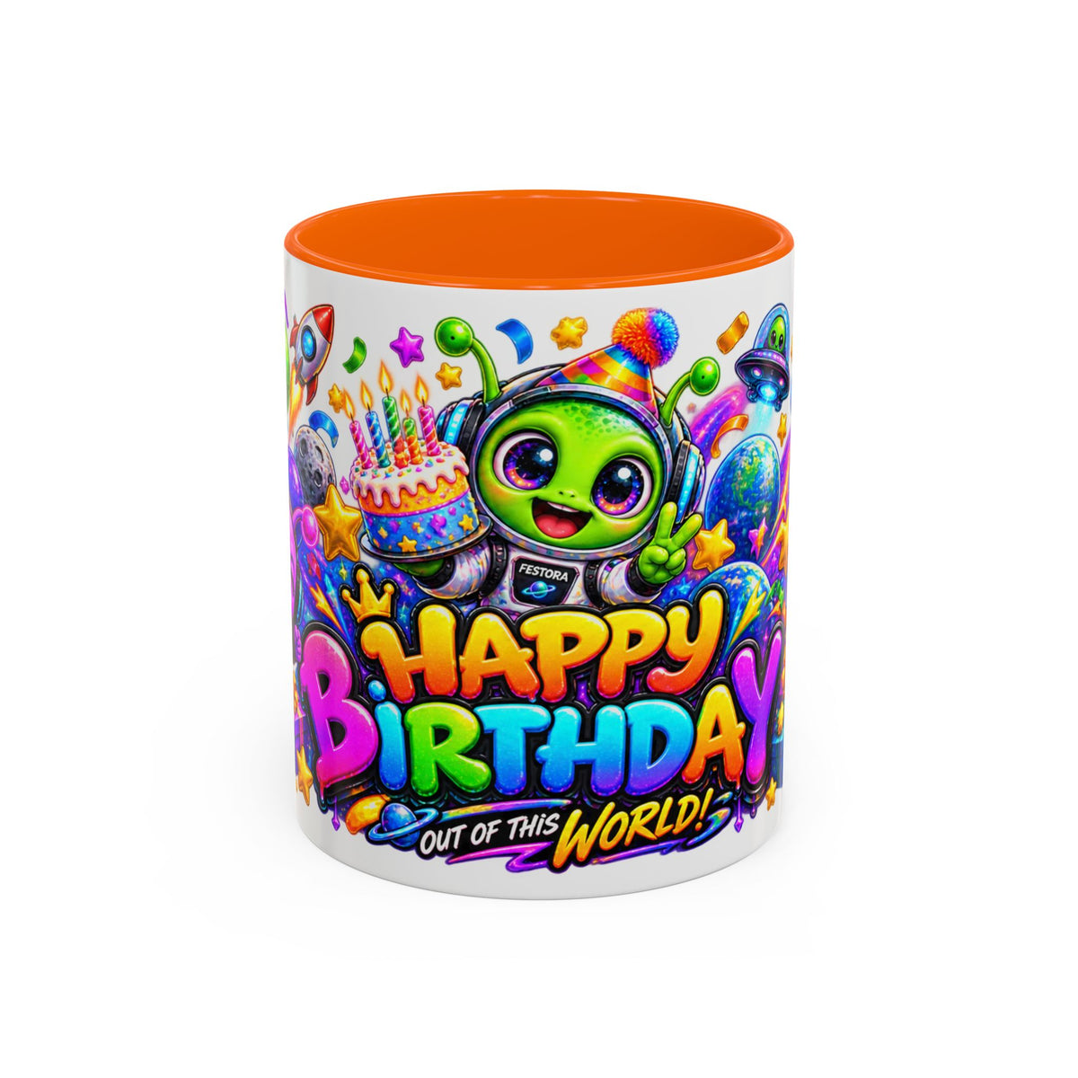 Happy Birthday Out of This World Accent Mug — Cute Alien Space Birthday Coffee Cup (11oz)