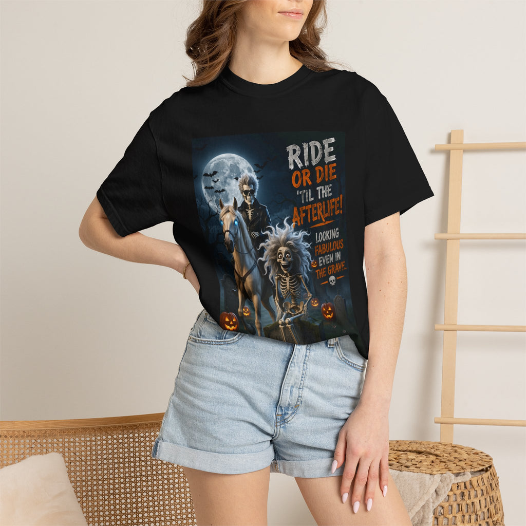 Ride or Die 'Til the Afterlife T-Shirt — Halloween Skeleton Biker Graphic Tee