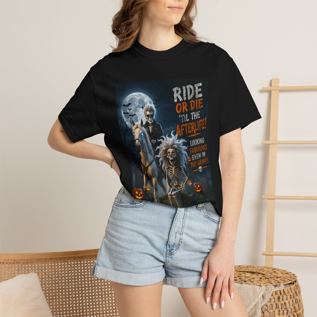Ride or Die 'Til the Afterlife T-Shirt — Halloween Skeleton Biker Graphic Tee