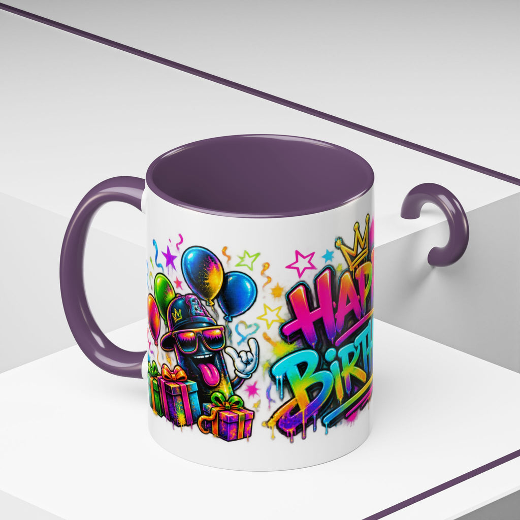 Happy Birthday Accent Coffee Mug – Colorful Graffiti Cake & Balloons (11/15oz)