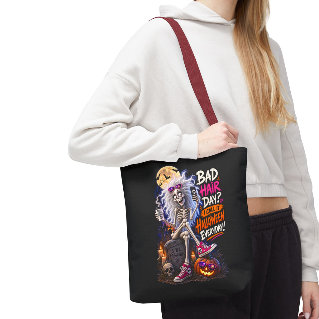 Halloween Skeleton Tote Bag — "Bad Hair Day? I Call It Halloween Everyday" Graphic