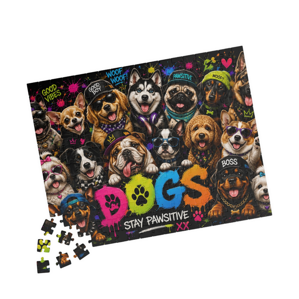 Dog Collage Puzzle — “Dogs Stay Pawsitive” Colorful 110/252-Piece Jigsaw