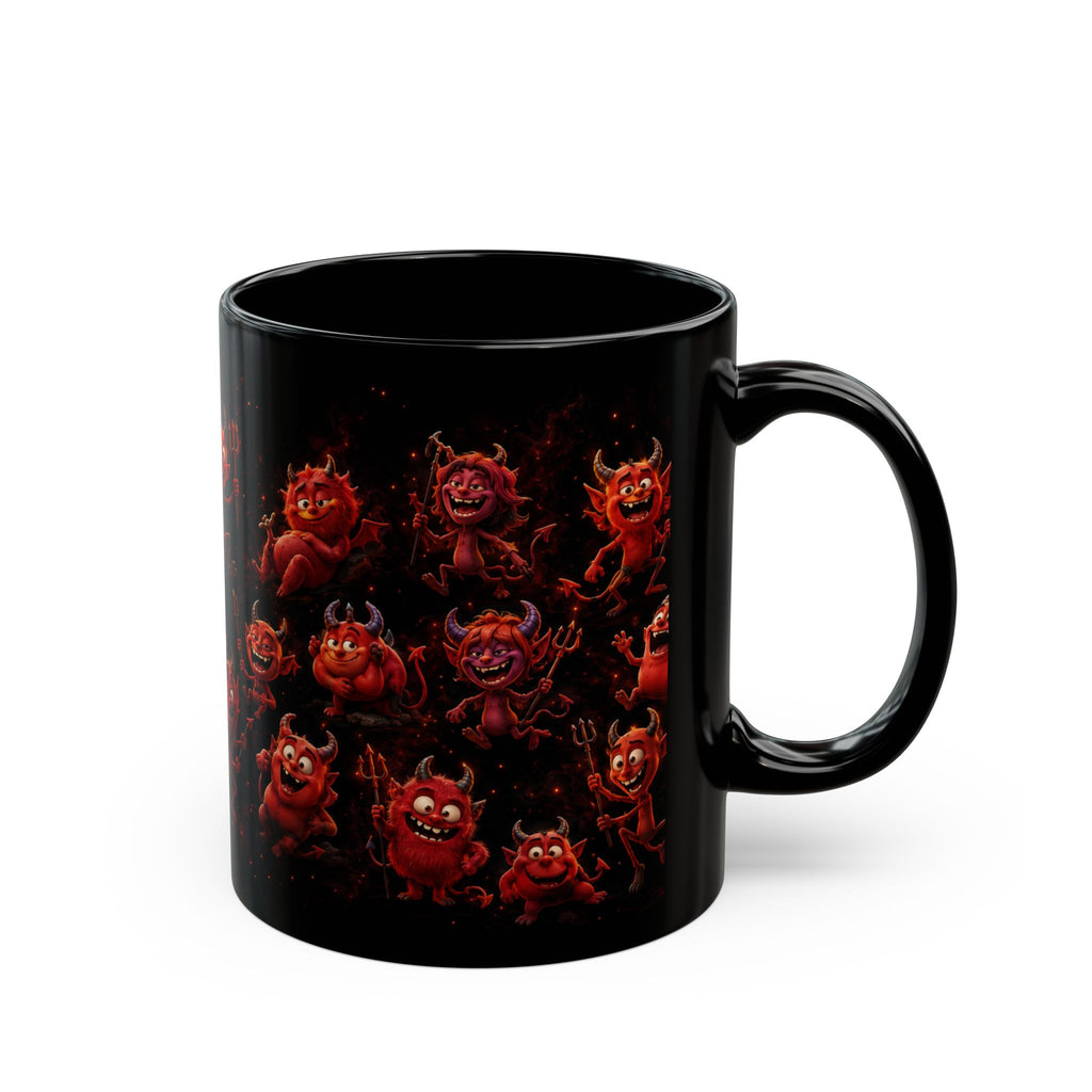 Funny Red Devils Black  Mug — Cute  Halloween  Demon Wraparound Pattern (11oz/15oz)
