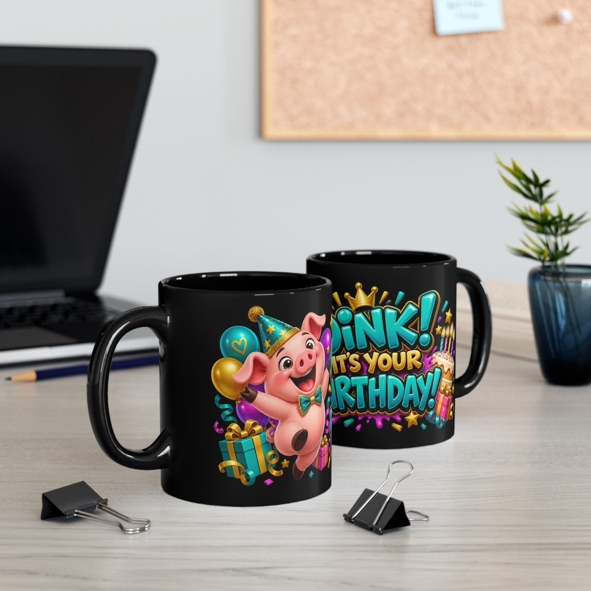 Oink! It’s Your Birthday Black Mug – Funny Pig Birthday Cup, Colorful Party Gift