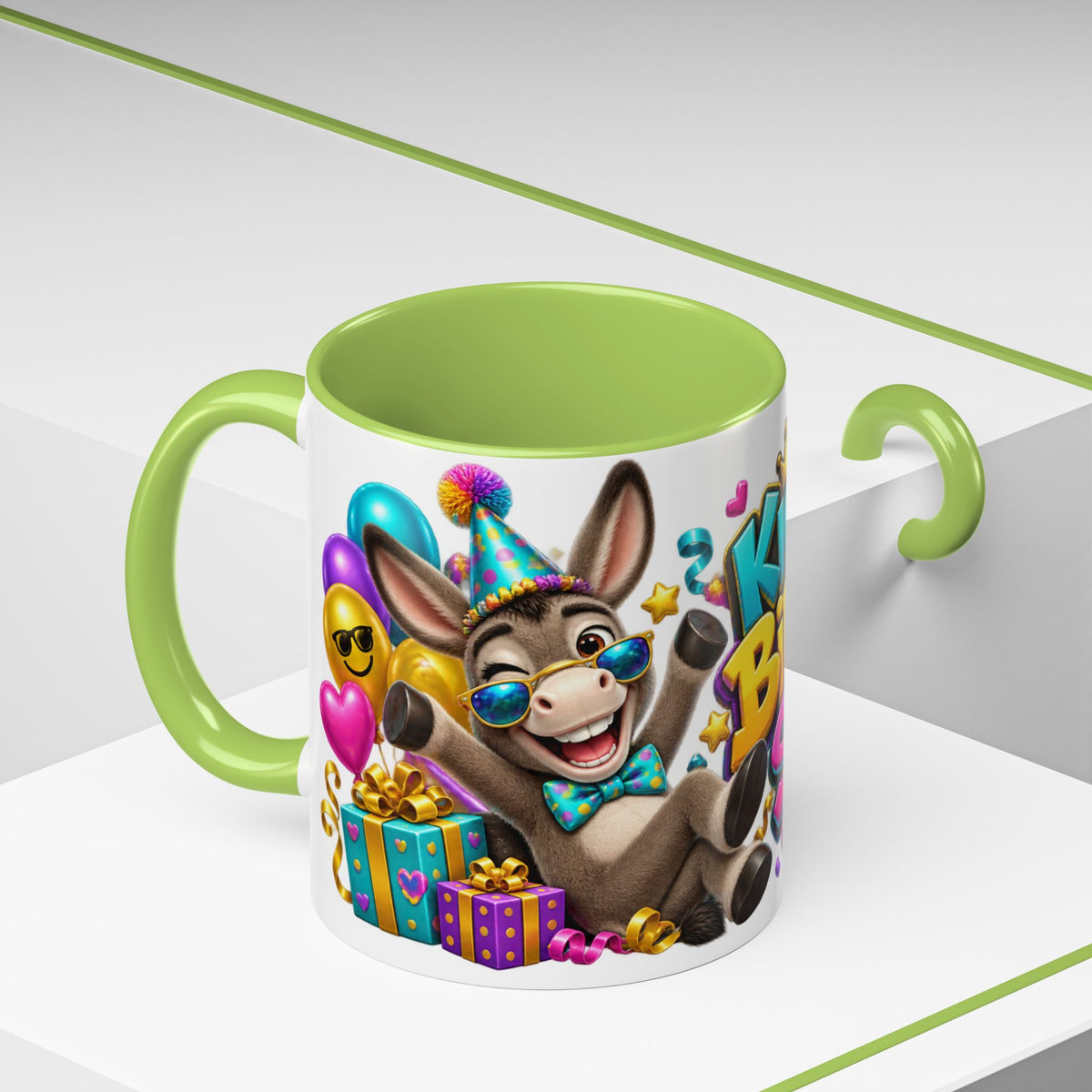 Kickin’ It Birthday Style Donkey White Mug – Funny Happy Birthday Party Cup, Cute Colorful Gift