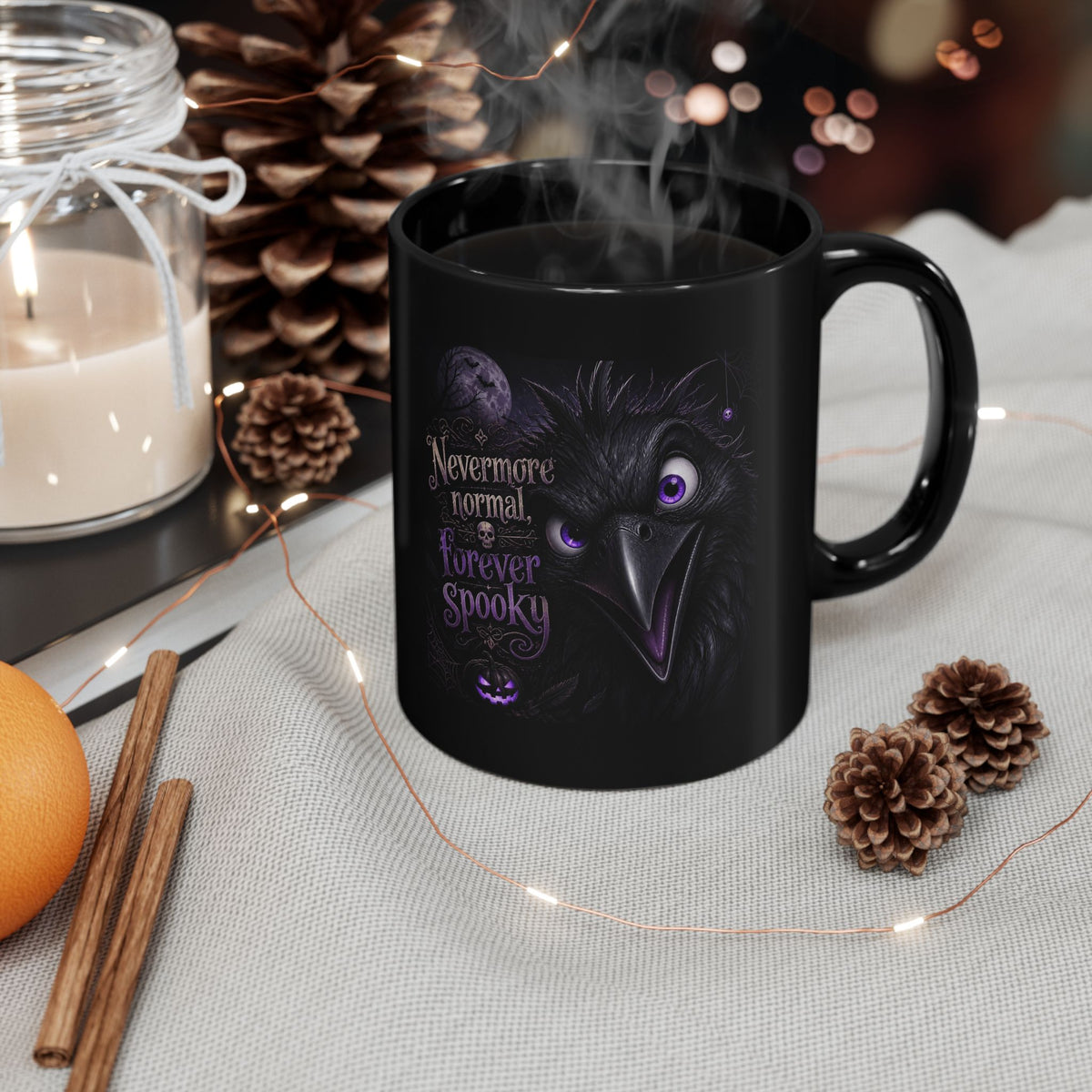 Forever Spooky Raven Black Mug — "Nevermore normal, Forever Spooky" Halloween Coffee Cup