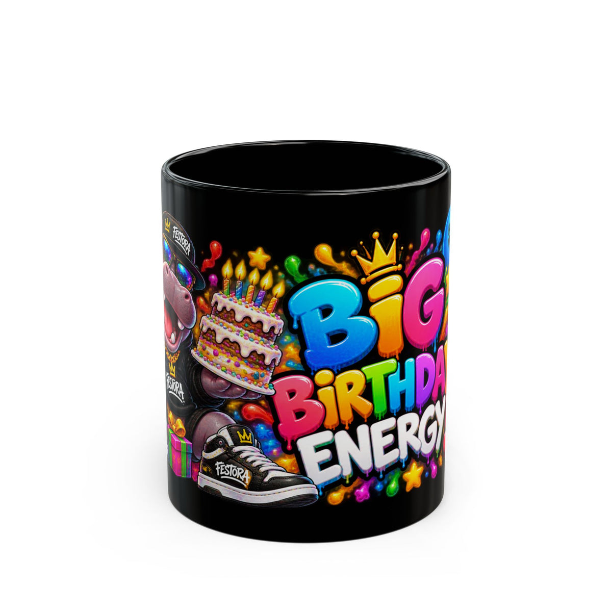 BIG BIRTHDAY ENERGY! Black Ceramic Mug – Funny Hippo Birthday Coffee Cup – Colorful Party Gift – Original FestoraShop Design