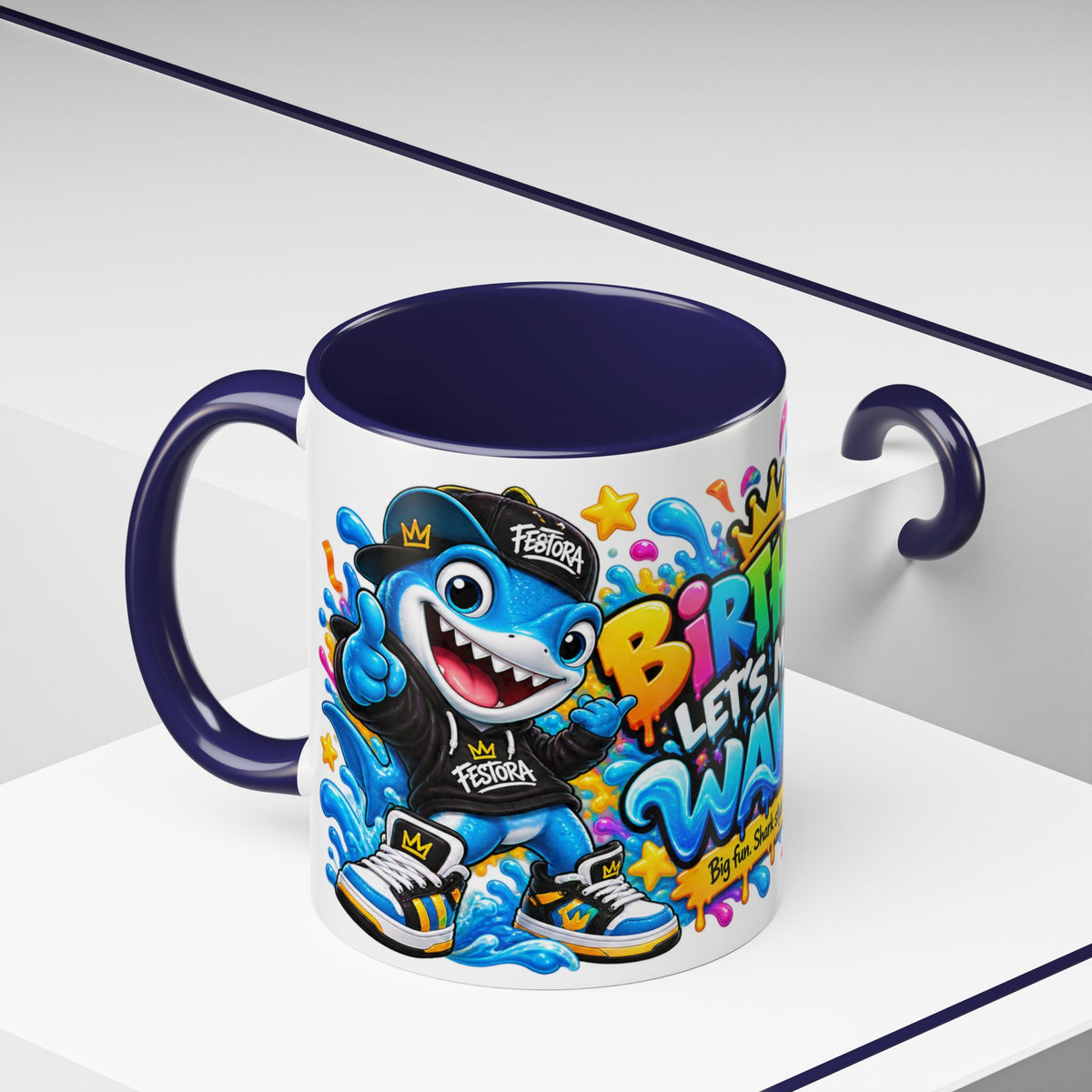 BIRTHDAY? LET’S MAKE WAVES! White Ceramic Mug – Funny Shark Birthday Coffee Cup – Original FestoraShop Design