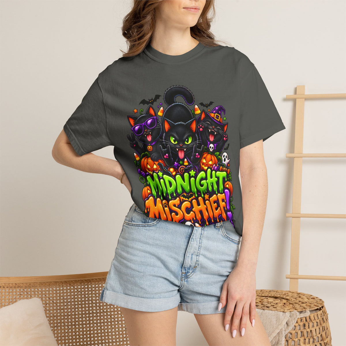 Midnight Mischief Halloween T-Shirt – Funny Black Cat Graphic Tee