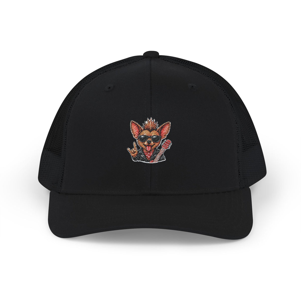 Rocco Chihuahua Rock Guitarist Embroidered Trucker cap