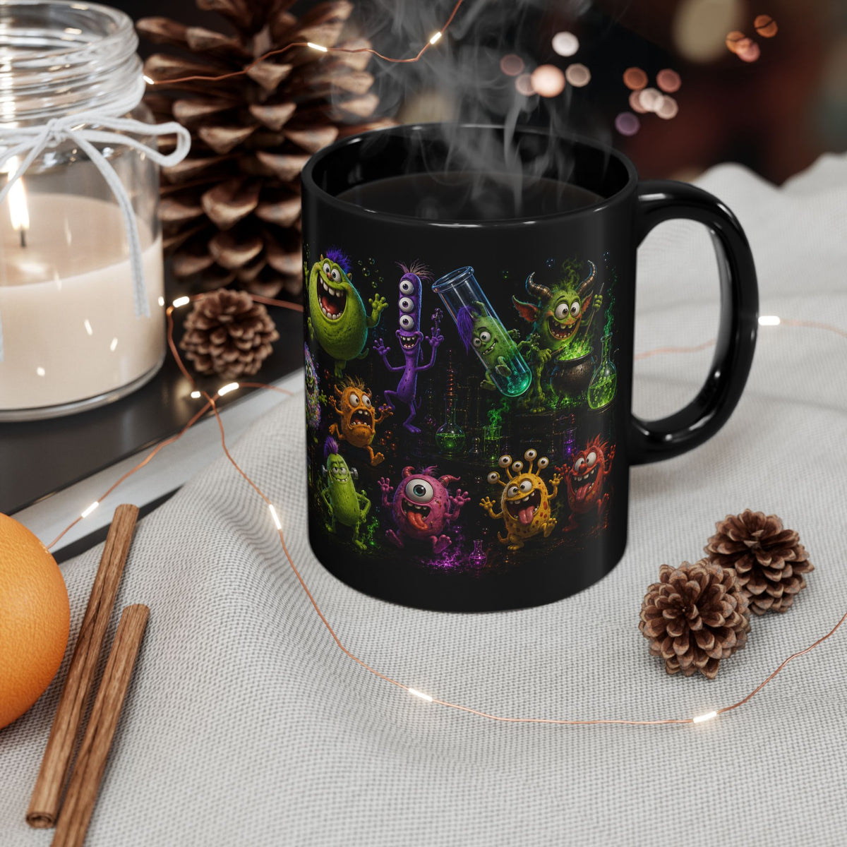 Monster Lab Black Mug — Colorful Cute Monsters Wraparound Cup (11oz/15oz)