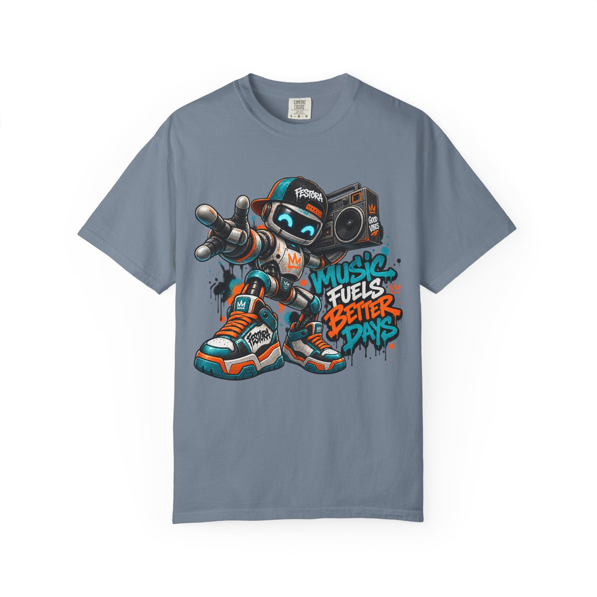 Music Fuels Better Days T-Shirt — Retro Robot Boombox Streetwear