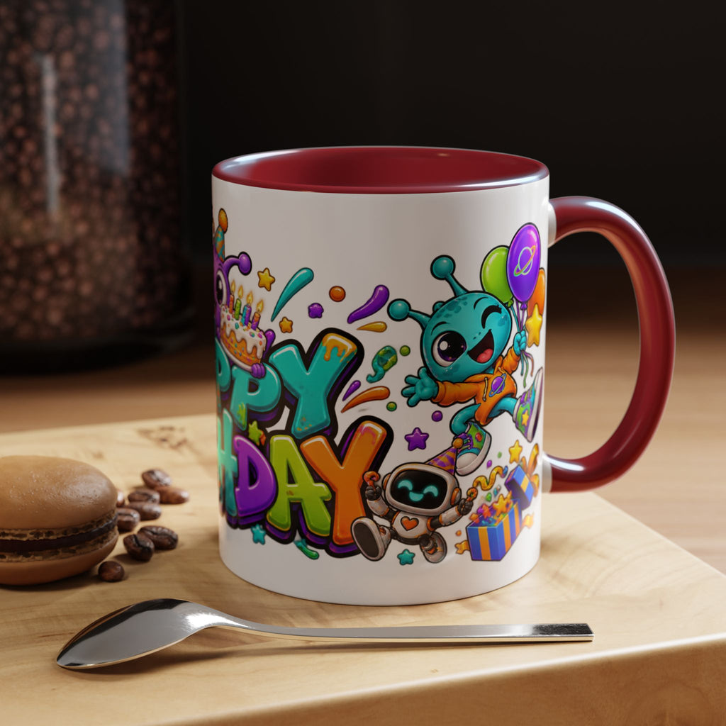 Happy Birthday Alien Mug – Colorful Space Party Cup with Cute Aliens & Robots
