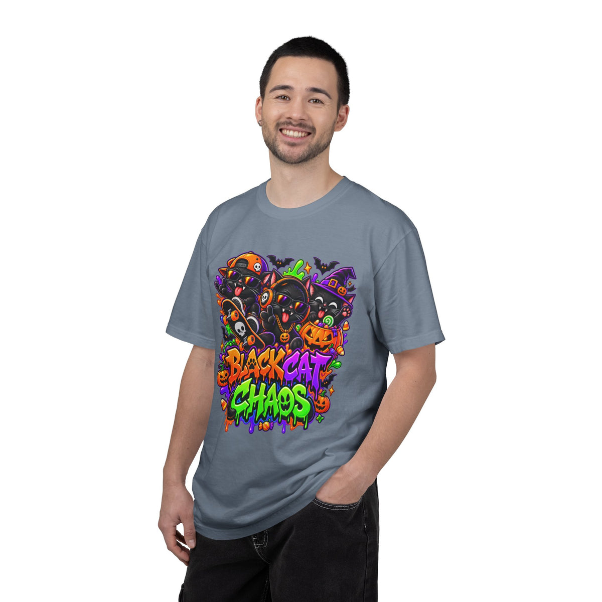 Neon Black Cat Halloween Chaos T-Shirt | Cute Spooky Cat Graphic Tee