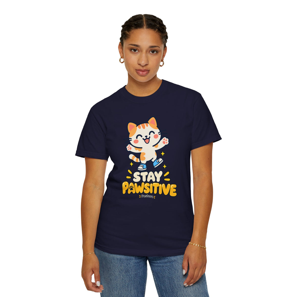 Stay Pawsitive – Cute Happy Cat Graphic T-Shirt