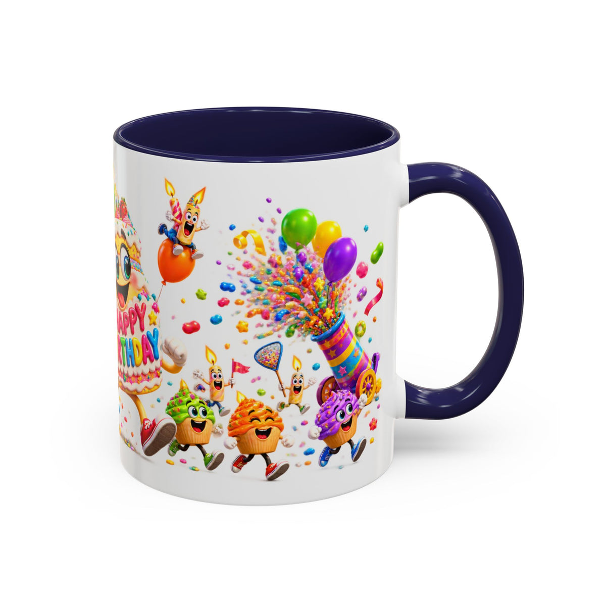 Birthday Party Coffee Mug – Colorful Happy Birthday Cake & Balloon Design (11/15oz Accent Mug)