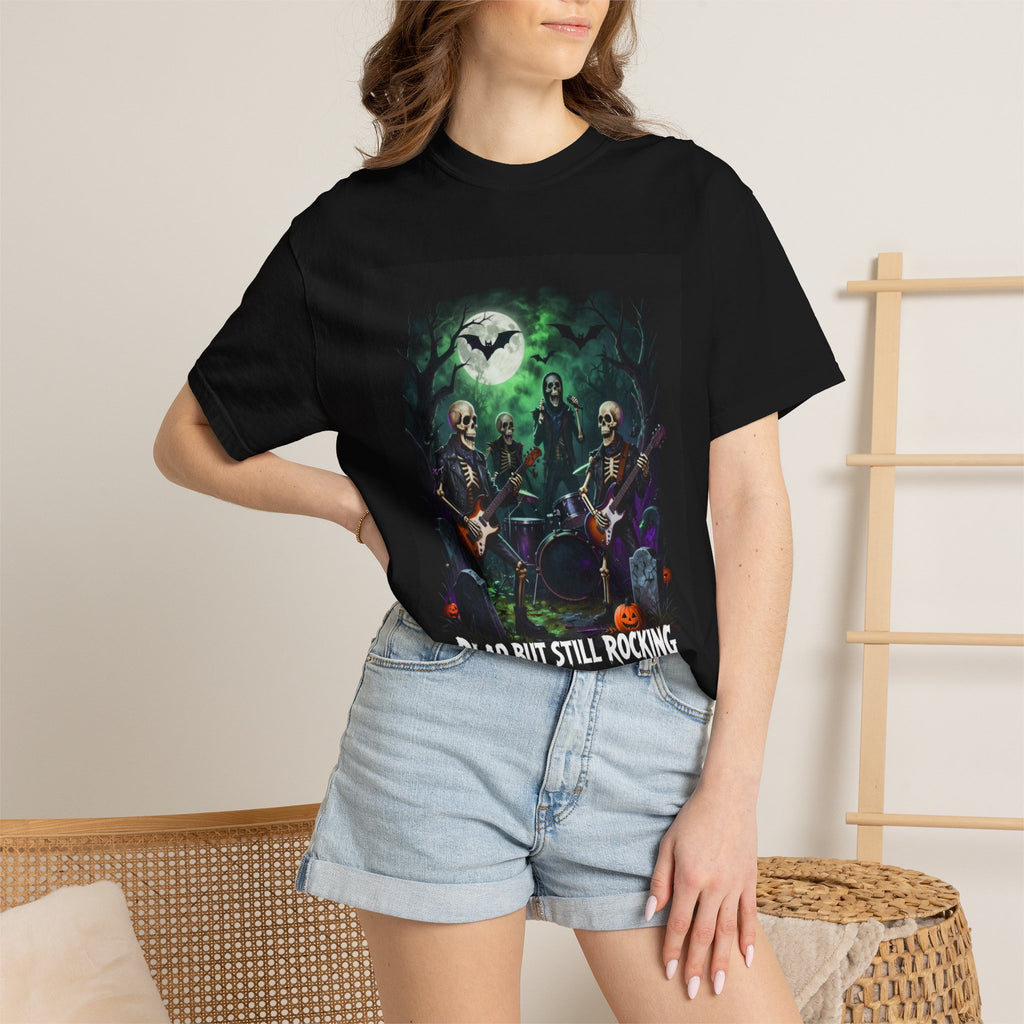 Halloween Rock Band T-Shirt — "Dead But Still Rocking" Skeleton Guitar Tee