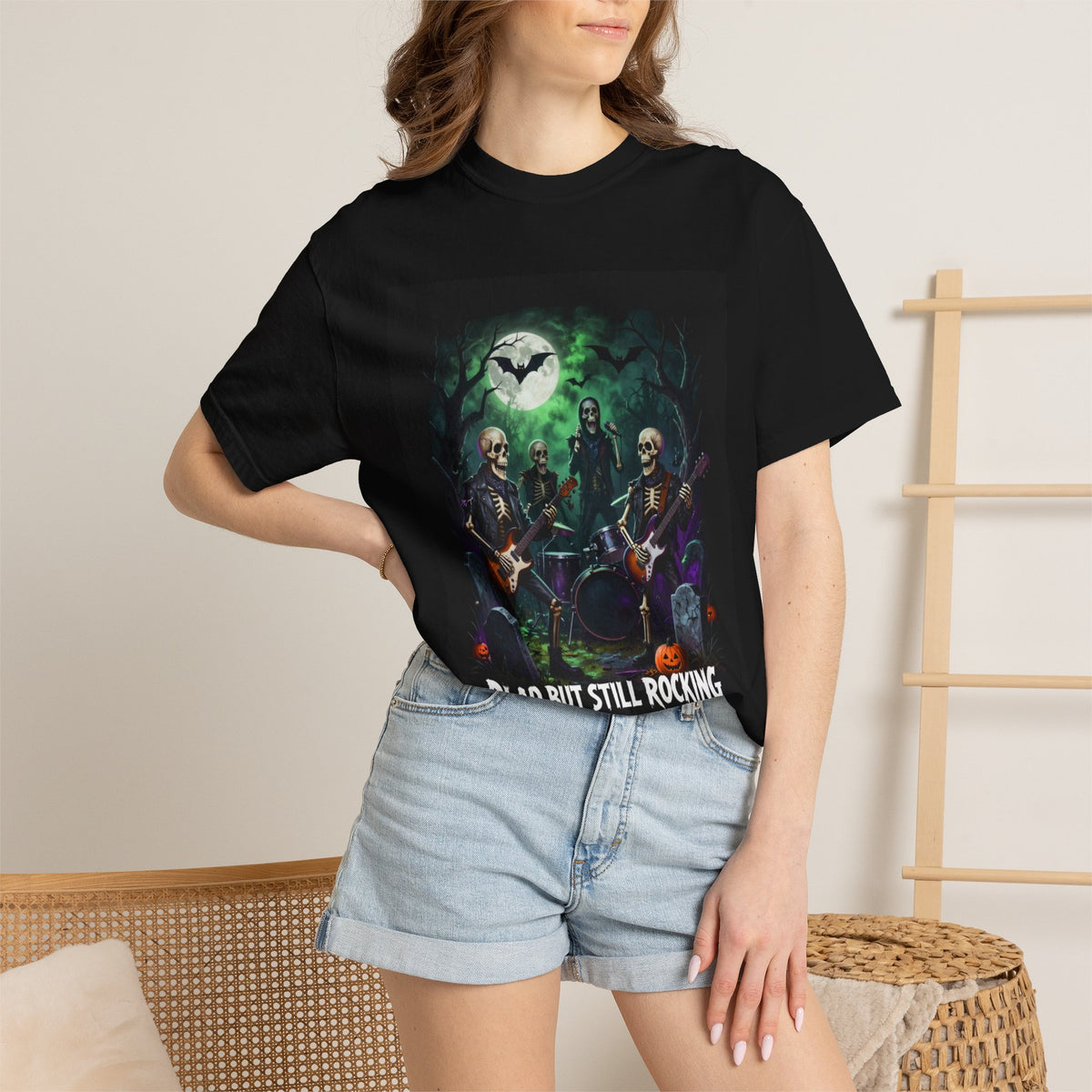 Halloween Rock Band T-Shirt — "Dead But Still Rocking" Skeleton Guitar Tee