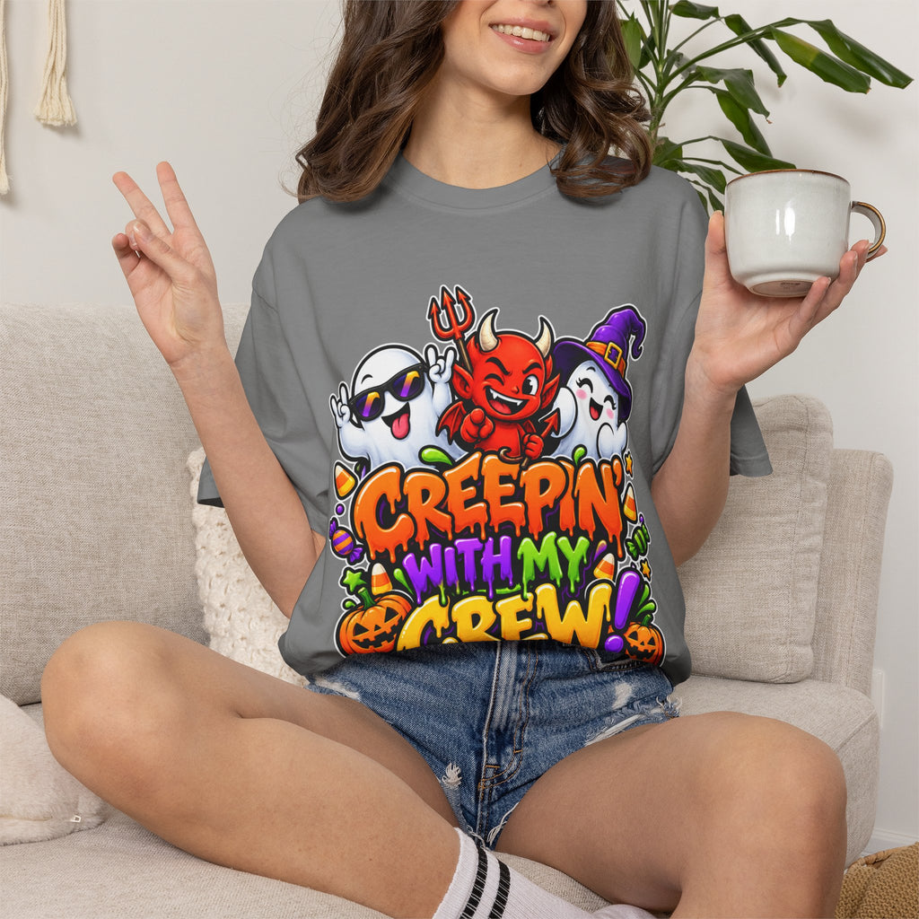 Creepin’ With My Crew Halloween T-Shirt – Colorful Funny Ghost & Devil Graphic Tee