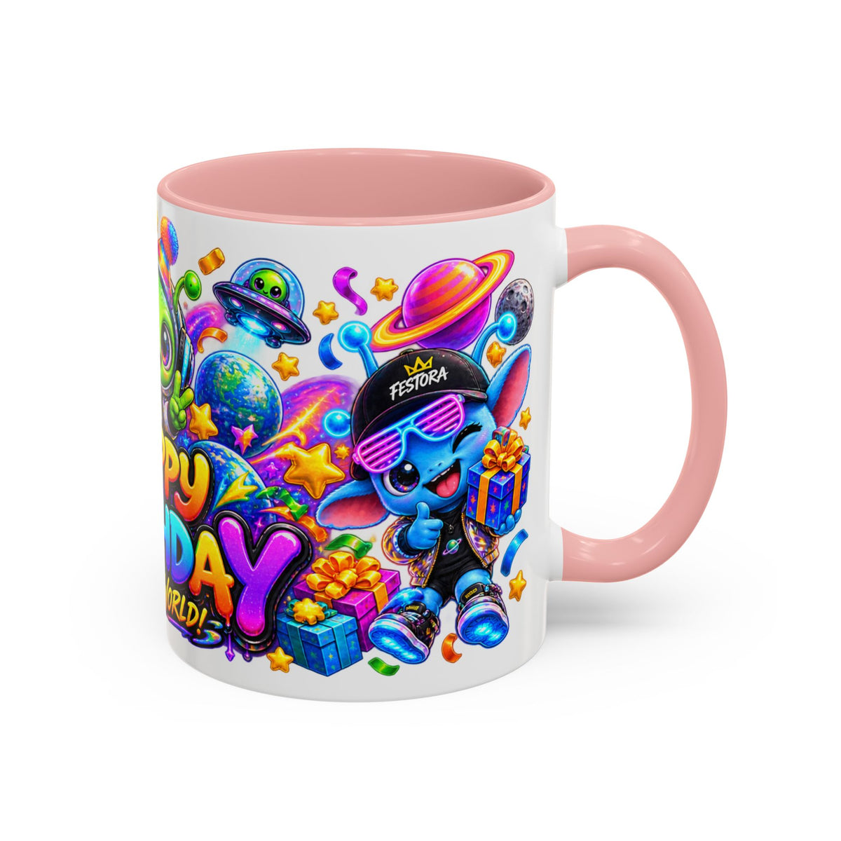 Happy Birthday Out of This World Accent Mug — Cute Alien Space Birthday Coffee Cup (11oz)