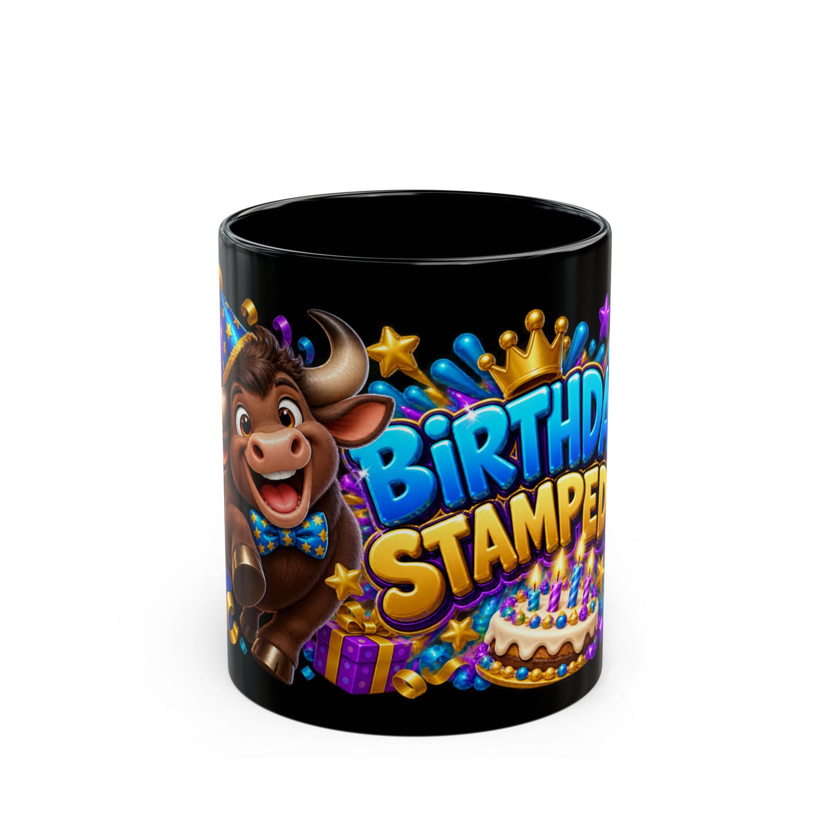 Birthday Stampede Black Mug – Funny Buffalo Birthday Cup, Colorful Party Gift