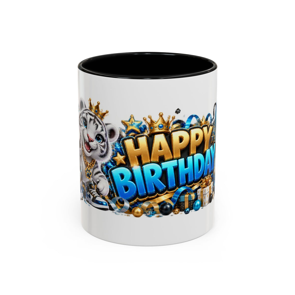 Happy Birthday White Tiger Mug – Colorful 3D Birthday Gift – White Coffee Mug