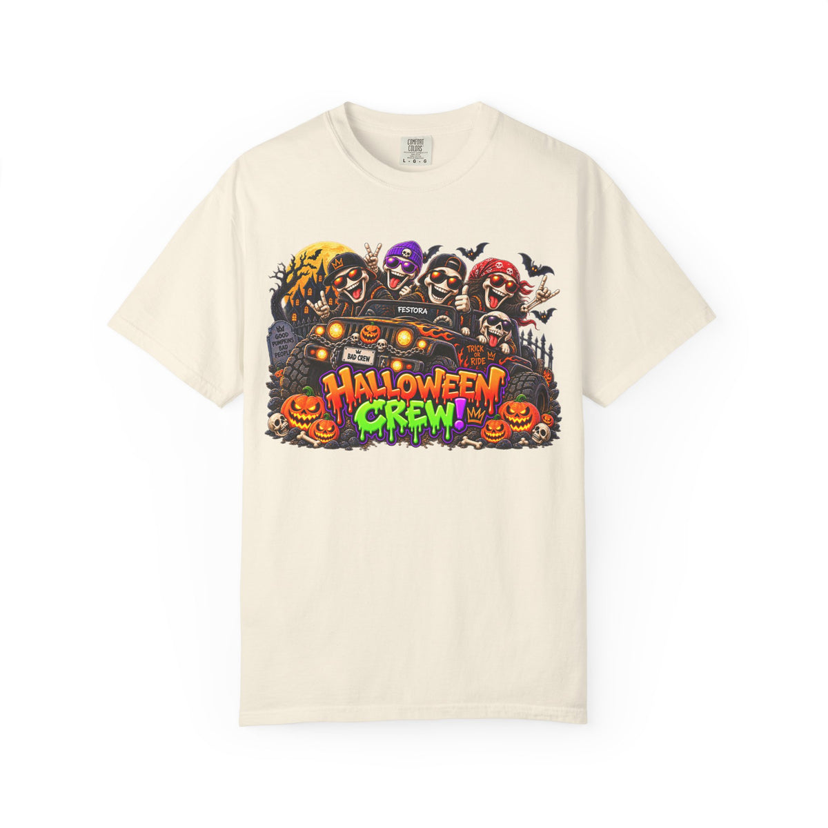 Halloween Crew T-Shirt – Skeleton Jeep Spooky Graphic Tee