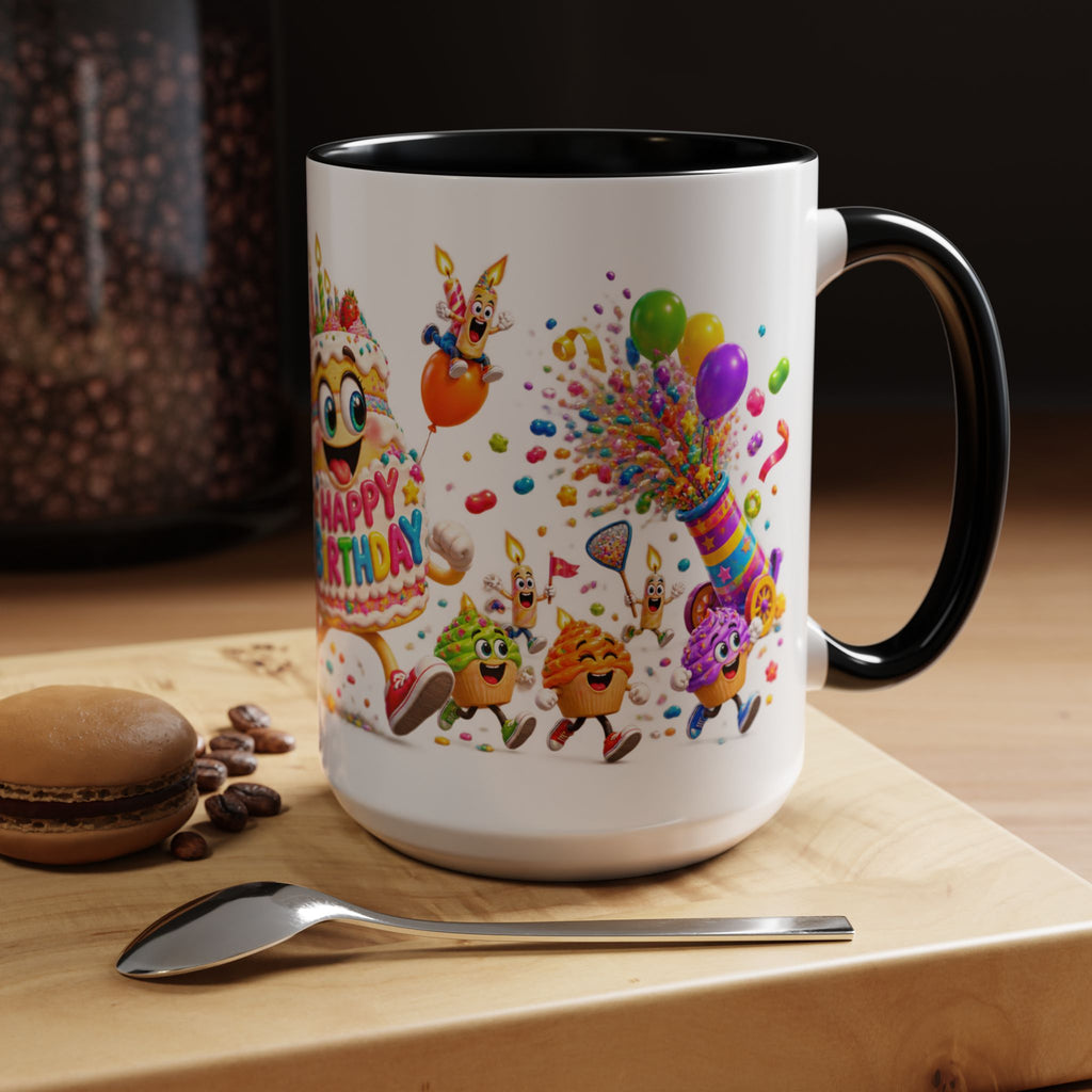Birthday Party Coffee Mug – Colorful Happy Birthday Cake & Balloon Design (11/15oz Accent Mug)