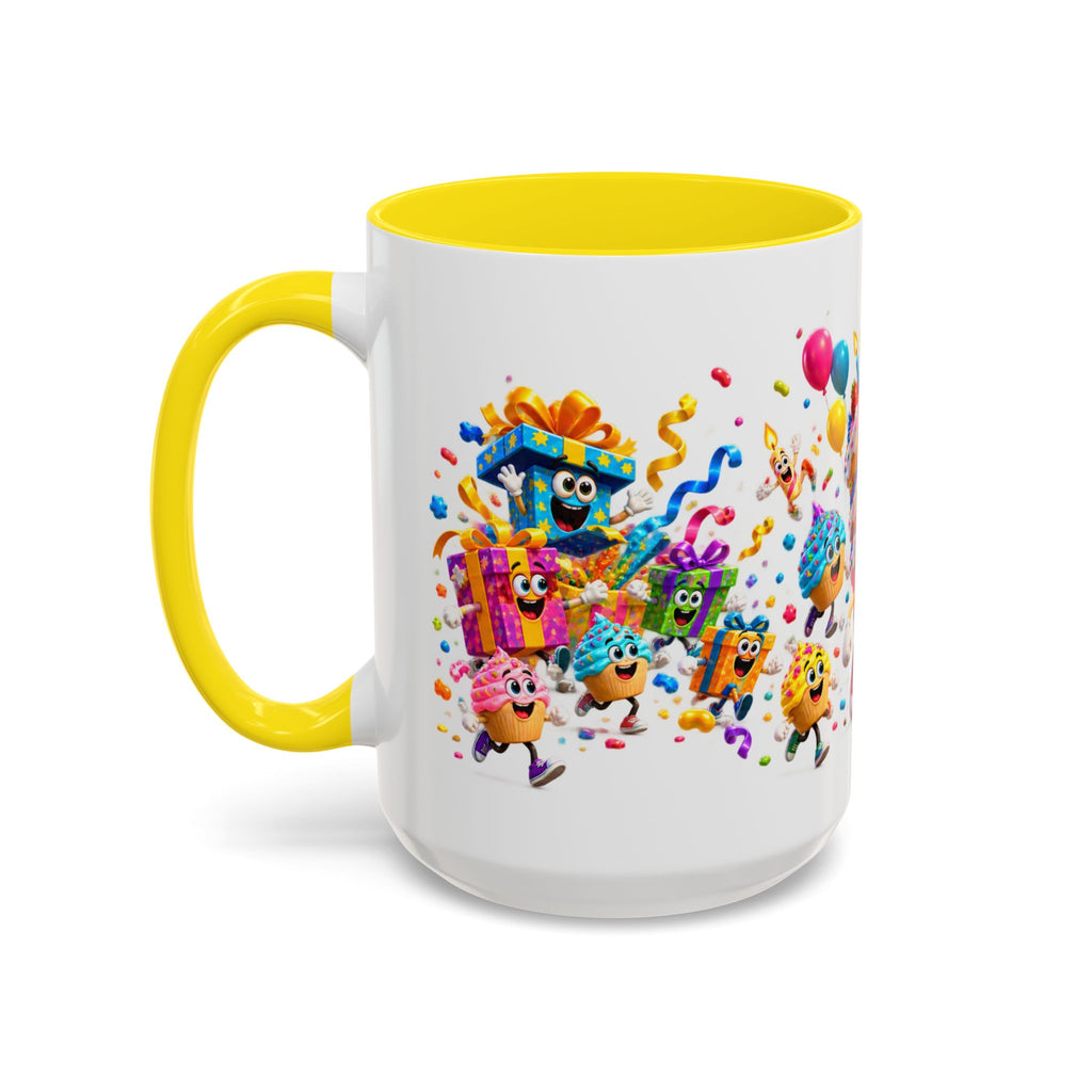 Birthday Party Coffee Mug – Colorful Happy Birthday Cake & Balloon Design (11/15oz Accent Mug)