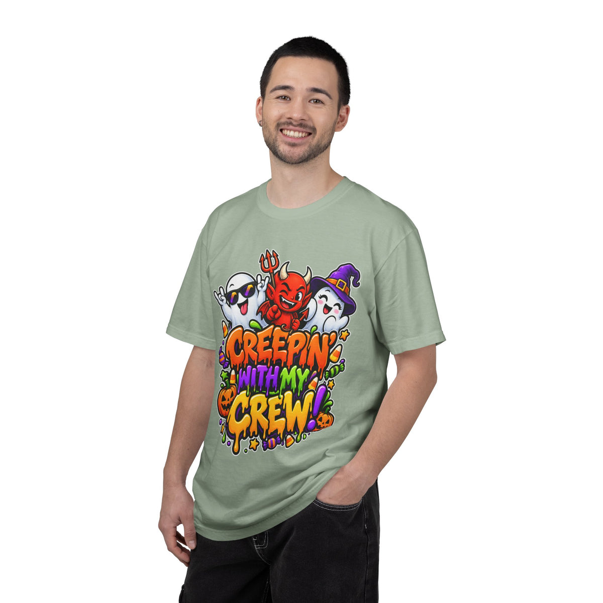 Creepin’ With My Crew Halloween T-Shirt – Colorful Funny Ghost & Devil Graphic Tee
