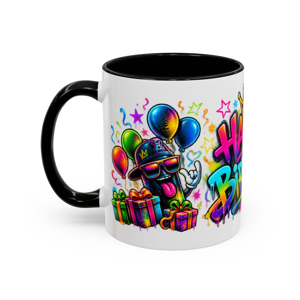 Happy Birthday Accent Coffee Mug – Colorful Graffiti Cake & Balloons (11/15oz)