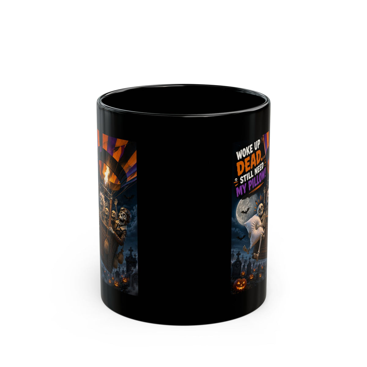 Halloween Mug — "Woke Up Dead, Still Need My Pillow" Ghost & Pumpkin Coffee Cup (11oz/15oz)