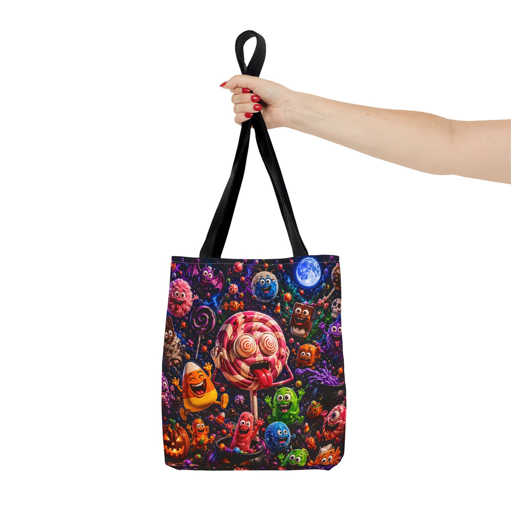 Crazy Halloween Candy Monsters Tote Bag — Colorful 3D Lolipop & Treats Design