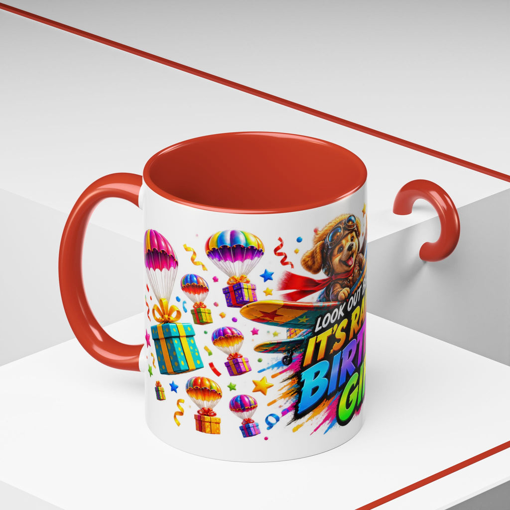 Birthday Gifts Coffee Mug — "It's Raining Birthday Gifts!" Colorful Accent Mug