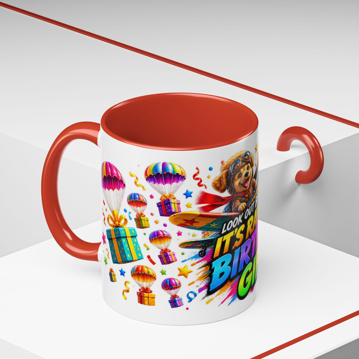 Birthday Gifts Coffee Mug — "It's Raining Birthday Gifts!" Colorful Accent Mug