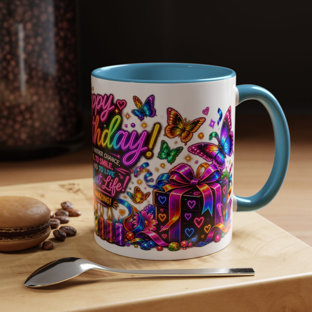 Birthday Coffee Mug – Colorful "Happy Birthday" Gift Mug with Butterflies & Candles