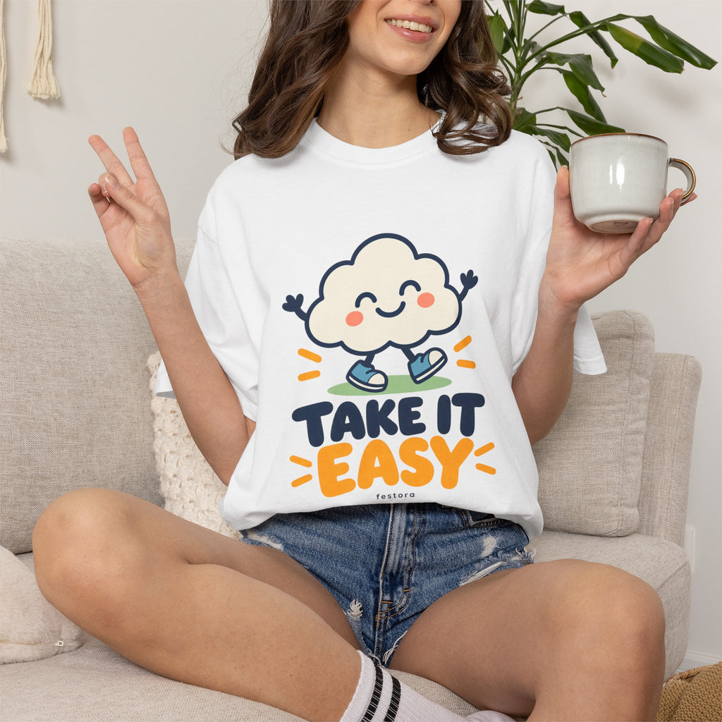 Take It Easy – Happy Cloud Graphic T-Shirt | Festora Everyday