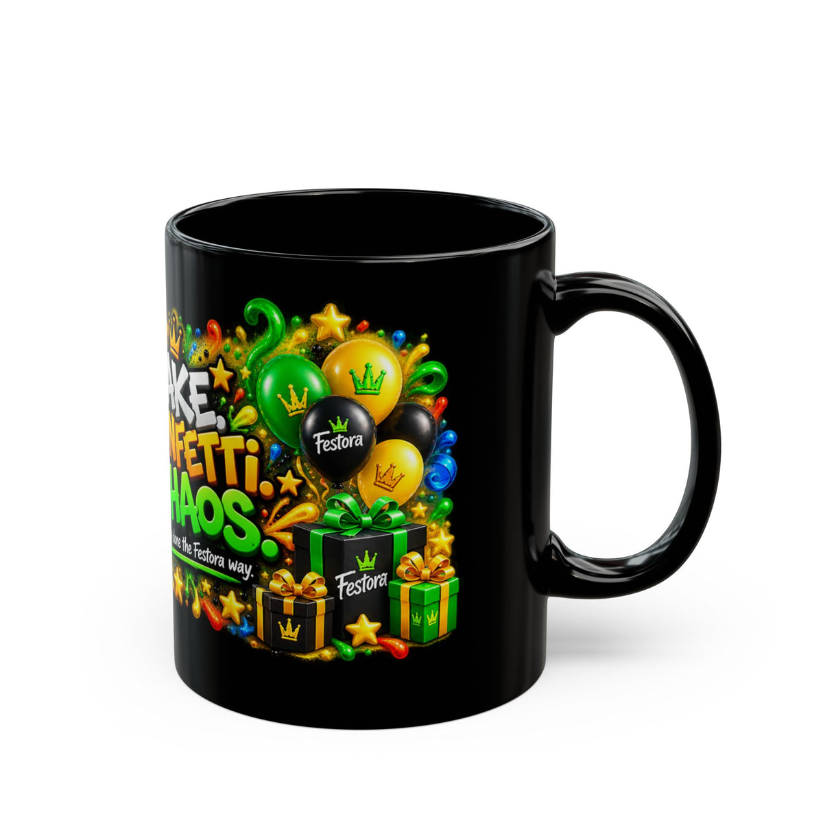 Cake Confetti Chaos Black Mug – Festora Ant Birthday Coffee Cup